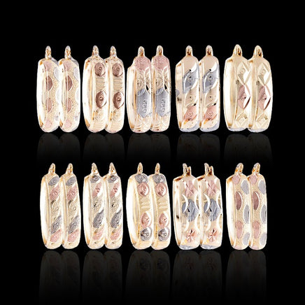 3-Tone Bangle Hoop Earrings - 6 Pairs / 12 Pieces - Size 0